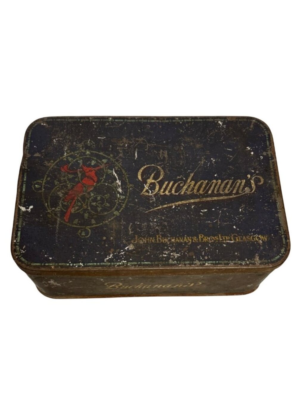 John Buchanans Antique Tin Box Cardinal on Top Hinged Lid 8.5 x 5.5"